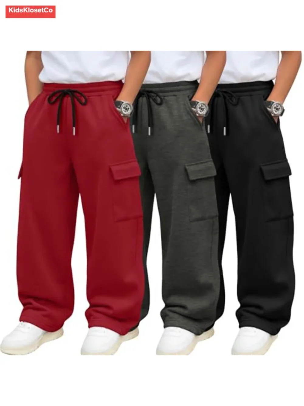 Boys 3 Pack Cargo Sweatpants Lightweight Baggy Joggers Pockets 7-16 Yr
